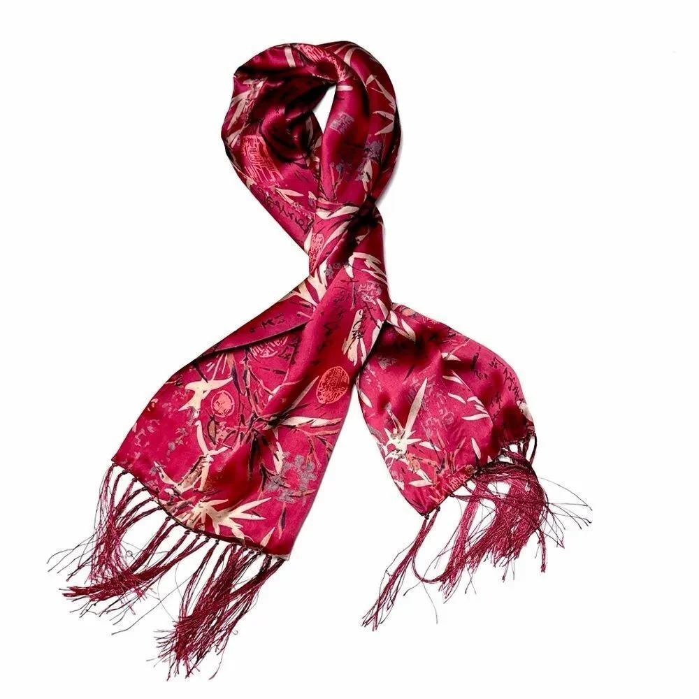 Men's Fuchsia Doubled Silk Scarf Hieroglyphs and Floral Bamboo Design Fringed - Picture 2 of 8